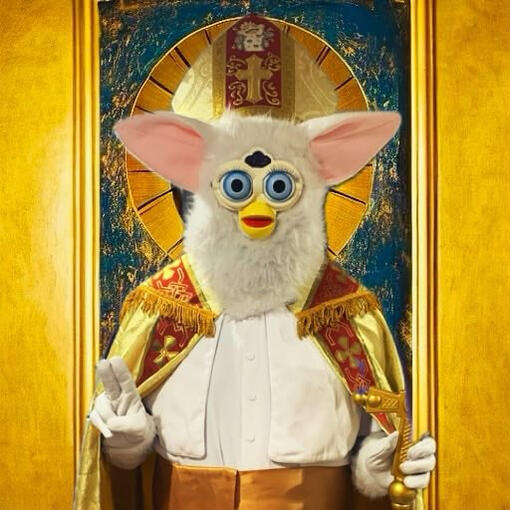 The Furby Pope poses in front of an ecclesiastical background